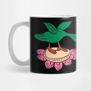 Flying duck landing on a lotus Mug